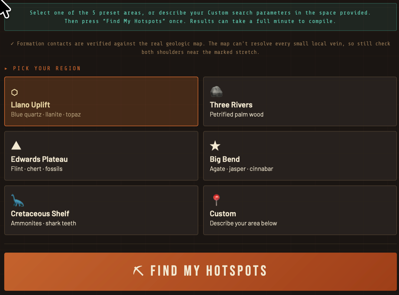 The Rockhound Scout app home screen, showing region cards and the Find My Hotspots button.