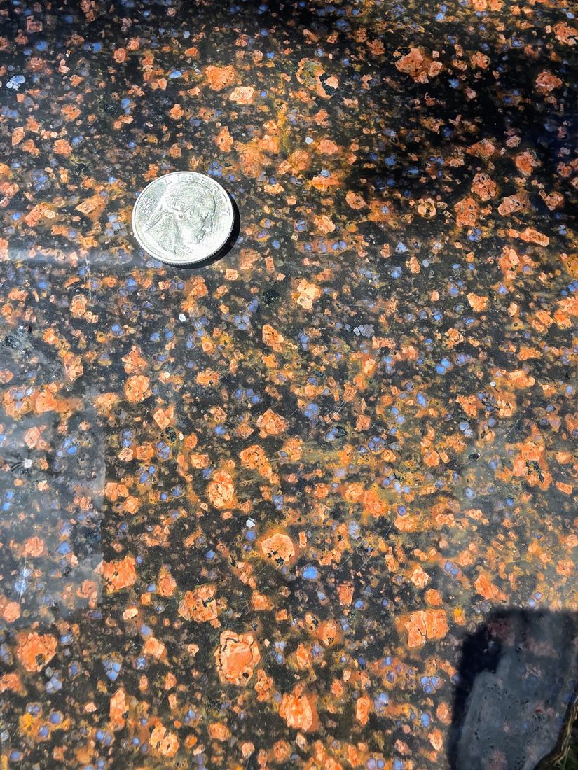 Close-up of llanite showing salmon-pink and blue-grey quartz phenocrysts, with a quarter for scale.